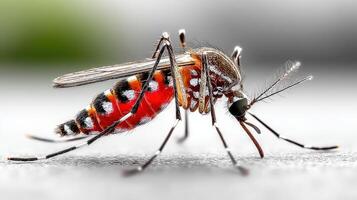 Detailed close-up of a brightly colored mosquito resting on a surface outdoors in natural light photo