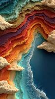 Colorful abstract landscape with layered textures and cloud formations during daytime photo