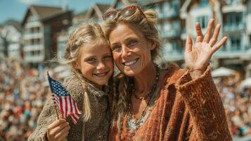 Celebrating together, a woman and a girl holding a small flag during a festive outdoor event in a sunny location photo