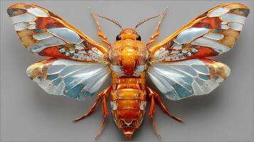 Vibrant insect displays intricate patterns and colors against a smooth neutral backdrop in detailed close-up shot photo