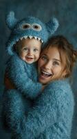 Happy mother and child in matching fuzzy blue outfits, smiling at the camera in a cozy indoor setting photo