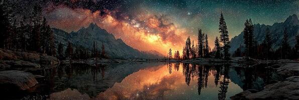 Stunning night sky reflection over tranquil lake surrounded by mountains and pine trees in a remote wilderness area photo