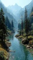 Stunning river flows through a lush valley surrounded by towering mountains and evergreen trees in broad daylight photo