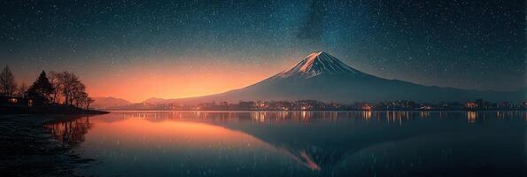 Mount Fuji reflection at twilight with starry sky and serene lake view in Japan photo