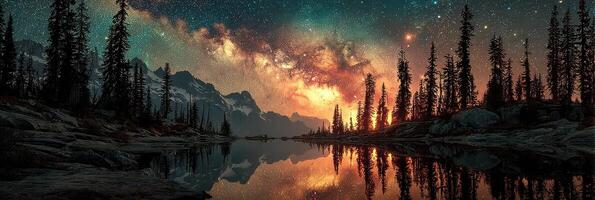 Milky Way over tranquil lake framed by tall trees during starry night in National Park photo