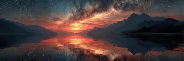 Vivid sunset reflects on tranquil lake with starry sky in the background near mountain range photo