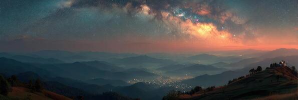 Majestic view of starry night sky over rolling hills and a serene town in the valley below during twilight photo