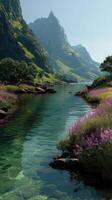 Tranquil river surrounded by vibrant flowers and majestic mountains in a serene natural landscape photo