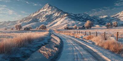 Snow-covered trail leads to a mountain view with a rustic cabin under a clear sky at dawn photo