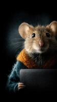 Cute mouse in cozy sweater holding an object against a dark background, showcasing a whimsical atmosphere photo