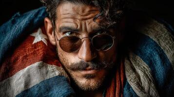 Cuban man wrapped in flag displays intense gaze while wearing sunglasses in dramatic lighting photo