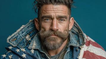 Handsome man with striking features and American flag jacket posing against blue background photo