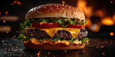 Juicy cheeseburger with fresh lettuce and tomato in front of a warm fire backdrop photo