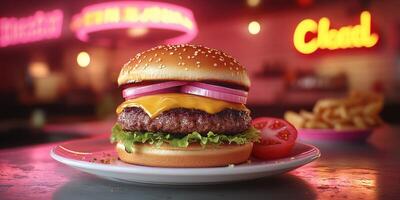 Delicious cheeseburger with fresh toppings served in a retro diner setting during the evening photo