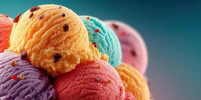 Colorful scoops of ice cream stacked together ready to be enjoyed on a warm summer day photo