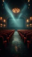 Elegant vintage theater with red velvet seats and soft lighting creates a dramatic atmosphere for cinematic events in the evening photo
