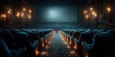 Interior of a classic theater with rows of empty seats and a large screen illuminated during a quiet evening photo