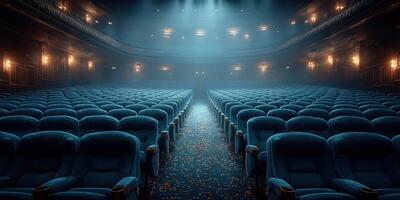 Cinematic atmosphere in an empty vintage theater filled with blue velvet seats and scattered leaves photo
