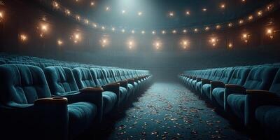 Empty theater with plush seats and scattered leaves illuminated by soft lights during evening photo