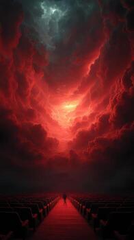 Dramatic red sky illuminates a lone figure walking towards an empty theater photo
