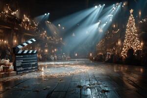 Holiday movie set featuring a clapperboard in a decorated venue with glowing lights and a Christmas tree photo