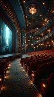 Elegant theater interior with vintage decor and empty seats ready for an upcoming performance in a dimly lit setting photo
