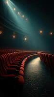 Vintage theater interior with empty red seats illuminated by soft lighting in a mysterious atmosphere photo