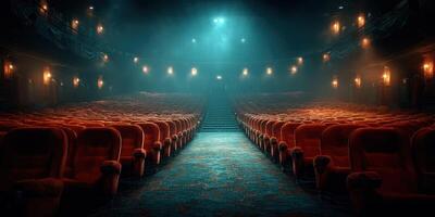 Empty vintage theater with red seats and atmospheric lighting creating a mysterious ambiance during late evening hours photo