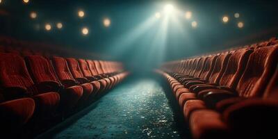 Empty theater with red seats illuminated by soft stage light during a quiet evening performance photo