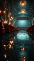 Elegant vintage theater with red seats and reflections on polished floor, ready for a performance at dusk photo