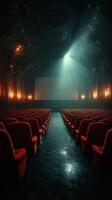 Cinema interior with empty red seats illuminated by soft lighting during a quiet evening photo