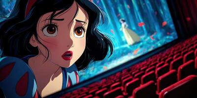 Snow White gazes with wonder as the enchanted forest unfolds behind her on stage in a magical theater setting photo