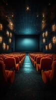 Modern cinema interior featuring vibrant orange seats and a large screen ready for the next film showing photo