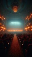 Audience captivated by a performance in an ornate theater with dramatic lighting and rich colors photo