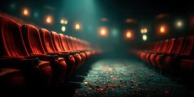 Empty theater seats with scattered petals illuminated by soft lights create a tranquil atmosphere for a cinematic experience photo
