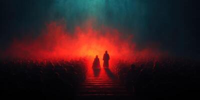 Mysterious figures emerge from the fog in a dark theater filled with an audience during a dramatic performance at night photo