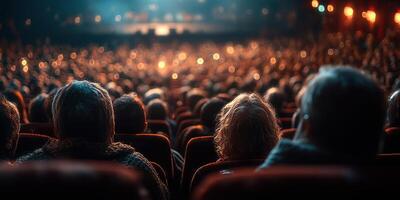 Crowd of spectators seated in an auditorium during a performance with lights dimmed and warm ambiance in the evening photo