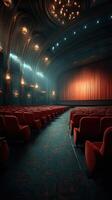 Elegant vintage theater interior with red seating and illuminated stage curtains at dusk photo