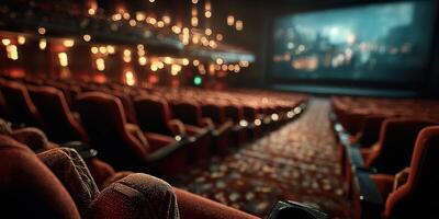 Empty theater with vintage seating and dim lights creates a nostalgic atmosphere for a cinematic experience photo