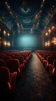 Elegant vintage theater interior with red velvet seats before a performance in the evening photo