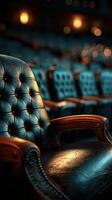 Elegant leather theater seats in a dimly lit auditorium during a captivating performance at night photo