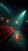 Empty theater with vintage red seats illuminated by soft beams of light during a quiet evening photo