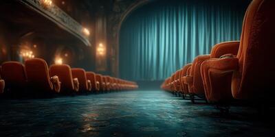 Empty theater showcasing red velvet seats before a performance in the evening light photo