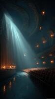 Majestic old theater illuminated by a single beam of light highlighting empty seats at dusk photo