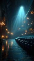 Old theater interior with dramatic lighting and empty seats, creating a mysterious atmosphere in a historic venue photo
