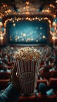 Enjoying a movie with popcorn in a cozy theater setting filled with warm lights and eager moviegoers during a weekend night photo