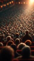 Crowd gathered for performance in theater during evening, showcasing anticipation and excitement among audience photo