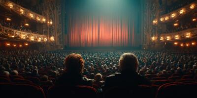 Audience awaits performance in grand theater with ornate decor and rich red curtains photo