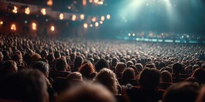 Crowd of spectators enjoying a live performance in an elegant theater setting during the evening photo