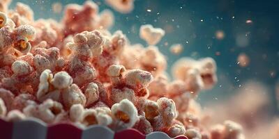 Light and fluffy popcorn sprinkled with seasoning in a vintage striped container on a colorful background photo